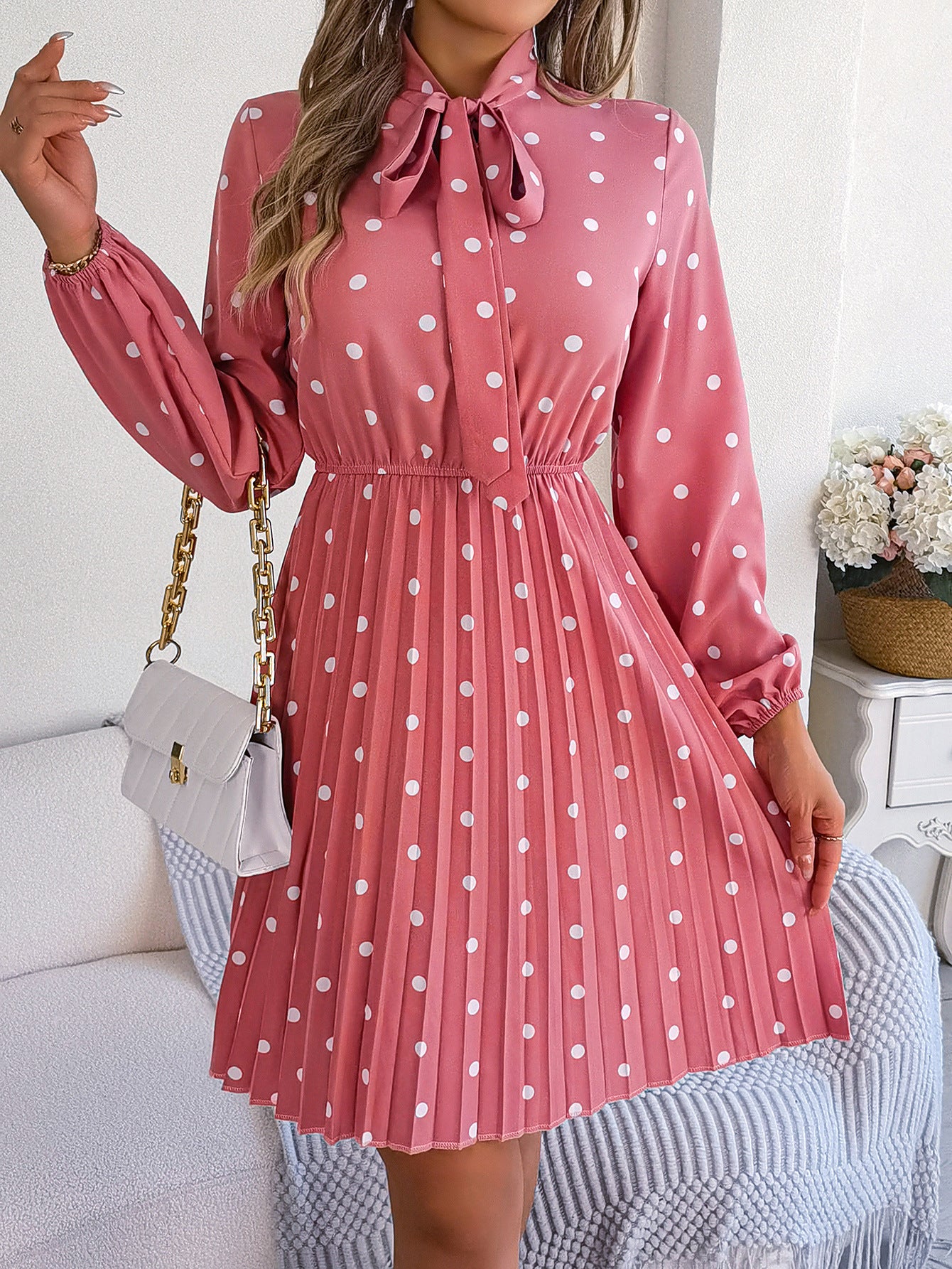 Women’s Polka Dot Pleated Dress – Self-Tie Waist & Long Sleeves