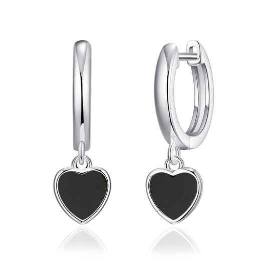 Black Onyx Gemstone Heart Charm Hoop Earrings