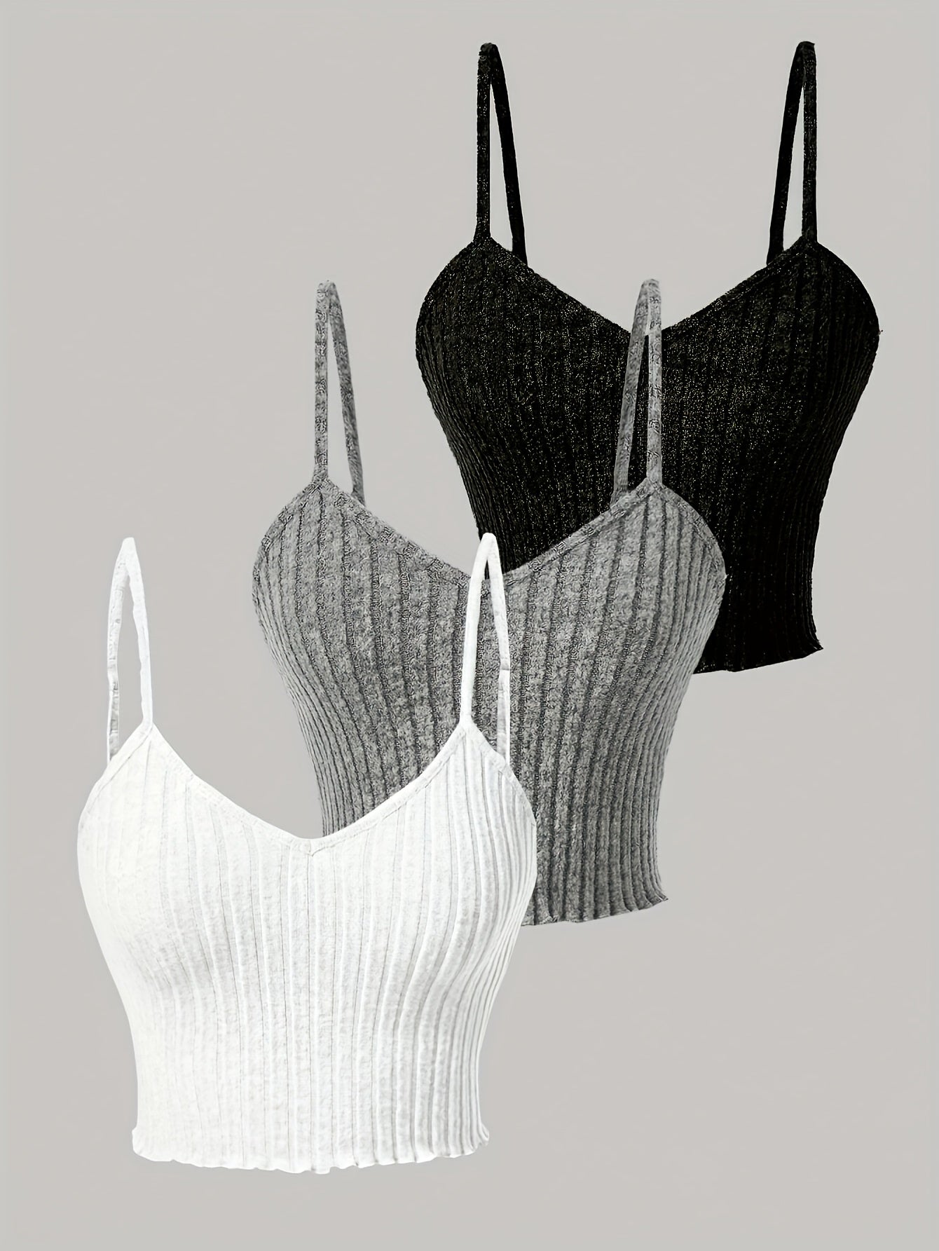 3pcs Elegant Solid Color Women's Cami Tops - Ribbed V-Neck, Sleeveless Spaghetti Strap Stretchy Top