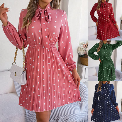 Women’s Polka Dot Pleated Dress – Self-Tie Waist & Long Sleeves
