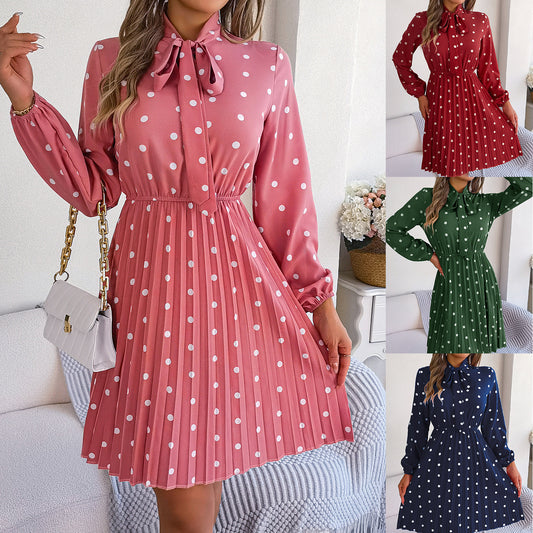 Women’s Polka Dot Pleated Dress – Self-Tie Waist & Long Sleeves