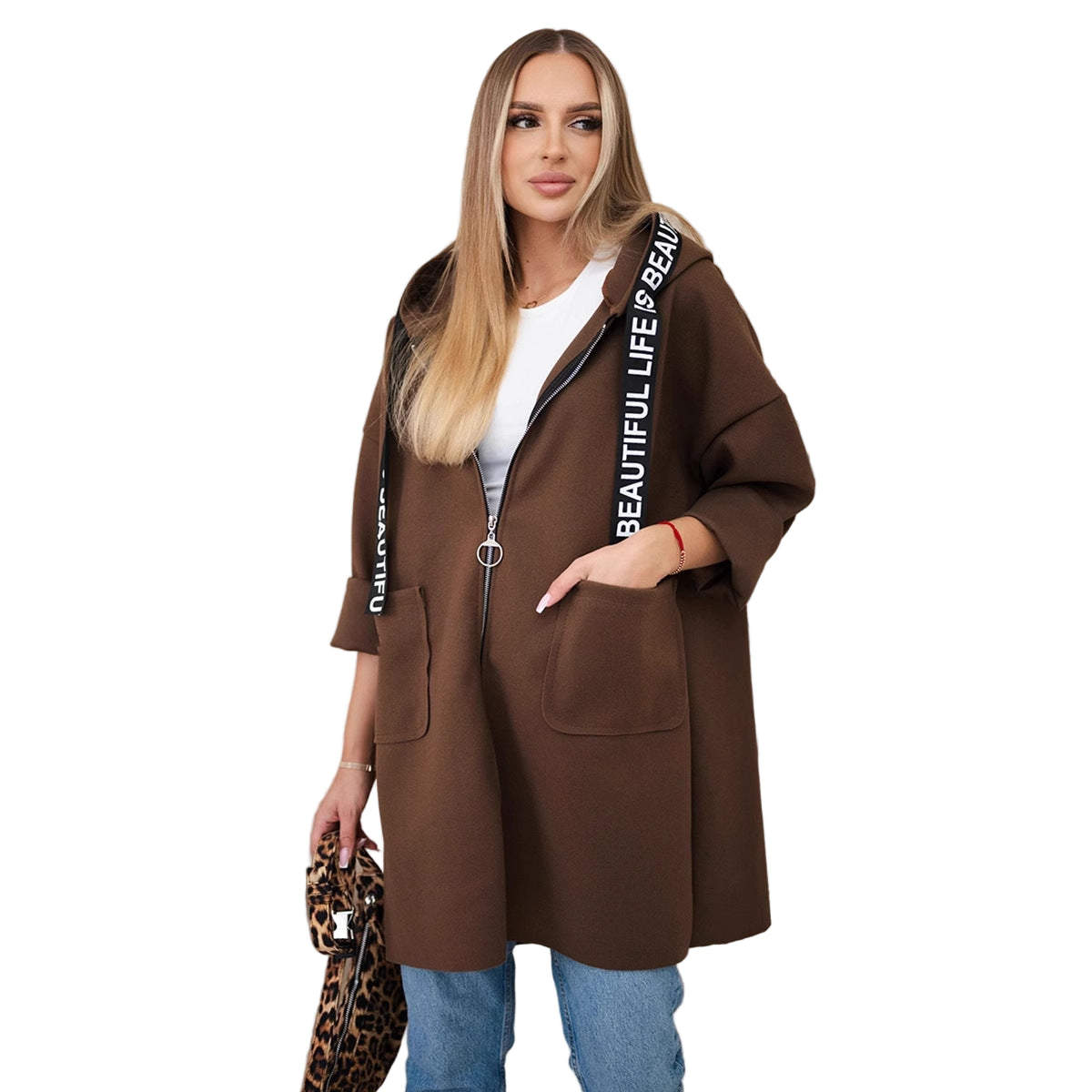 Women’s Plus-Size Hooded Woolen Coat – Long Sleeve Zip-Up Sports Style
