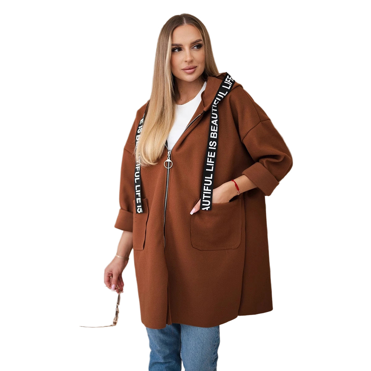 Women’s Plus-Size Hooded Woolen Coat – Long Sleeve Zip-Up Sports Style