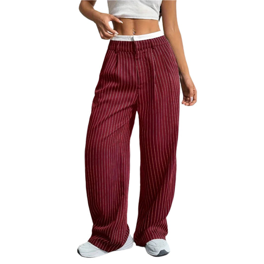 Women's High Waist Stripe Printed Straight-Leg Trousers – Casual Suit Pants with Zipper & Pockets