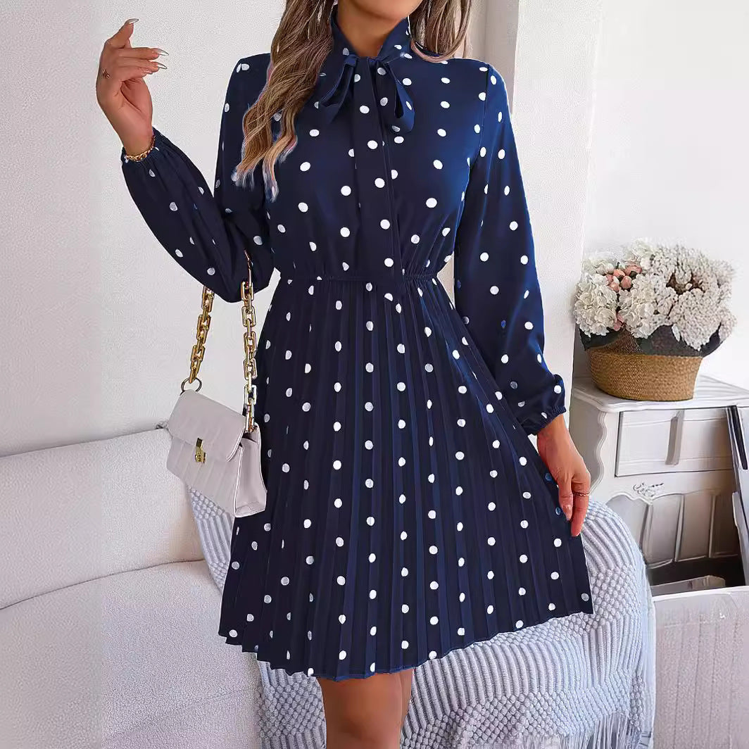 Women’s Polka Dot Pleated Dress – Self-Tie Waist & Long Sleeves