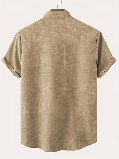Men's Lightweight Short-Sleeve Linen-Look Shirt with Tribal Geometric Pattern