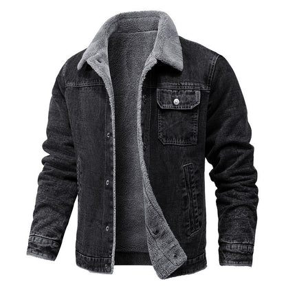 Retro Fleece-Lined Denim Jacket – Loose Fit Cotton Winter Coat with Lapel Collar