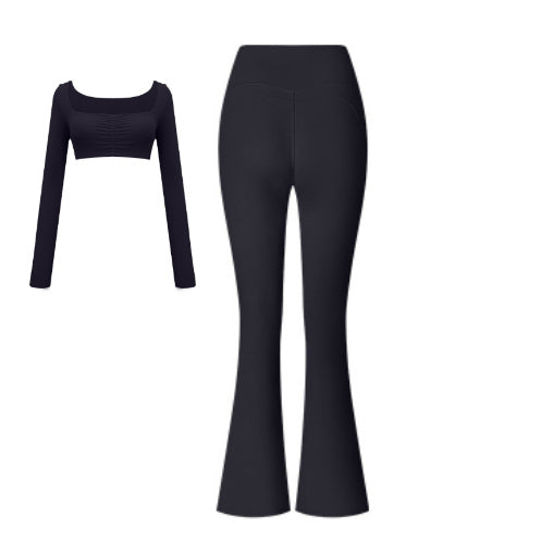Women’s Solid Color Two-Piece Sports Set – Long Sleeve Top & Flared Pants