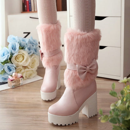 Women’s Thick Heel Snow Boots with Sweet Bow – Warm Winter Fashion