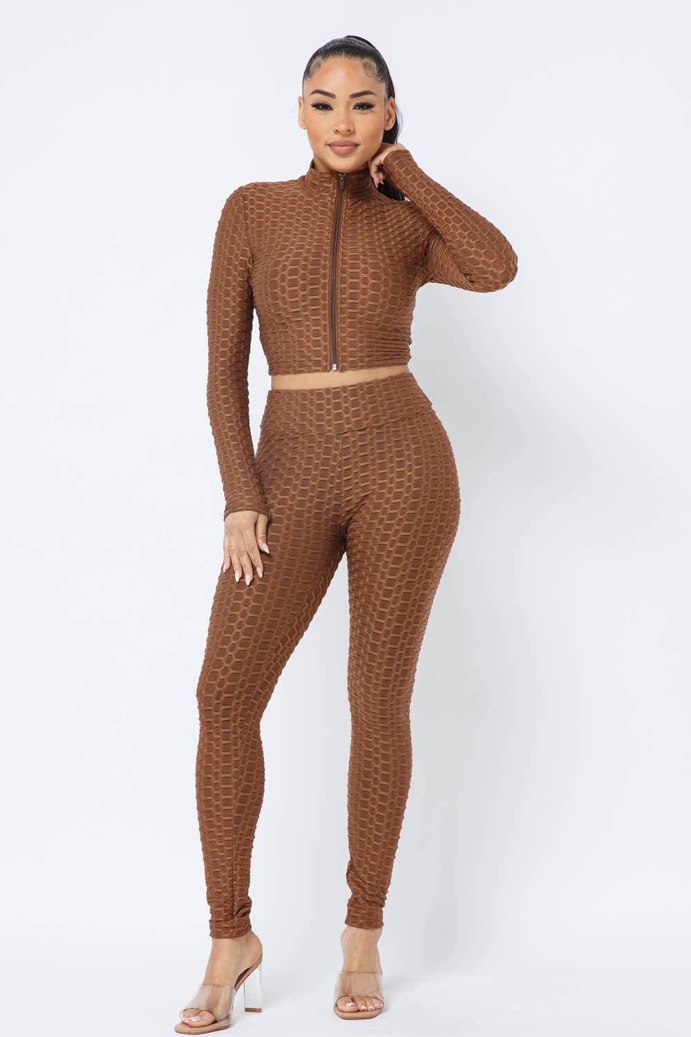 Honeycomb Mock Neck Cropped Jacket and Leggings Set