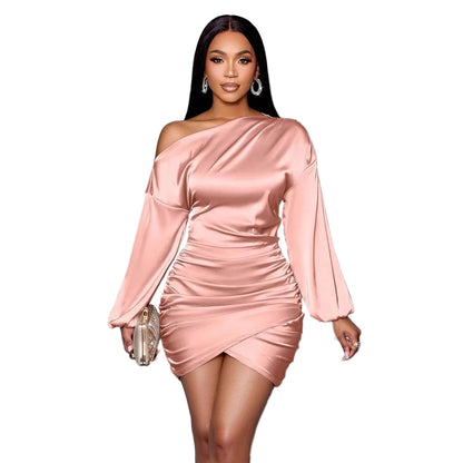 Chic One-Shoulder Long Sleeve Satin Evening Dress