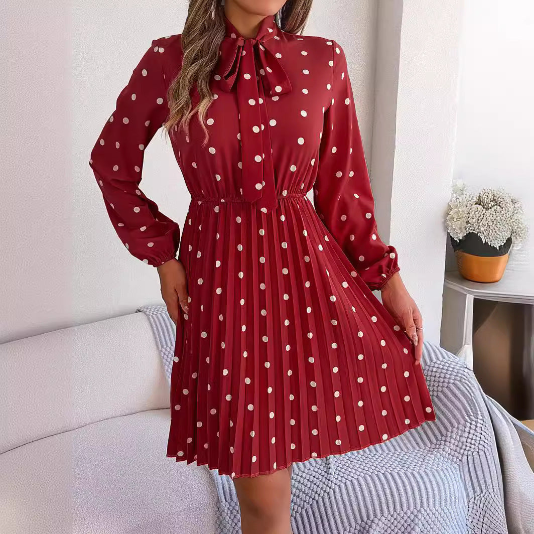 Women’s Polka Dot Pleated Dress – Self-Tie Waist & Long Sleeves