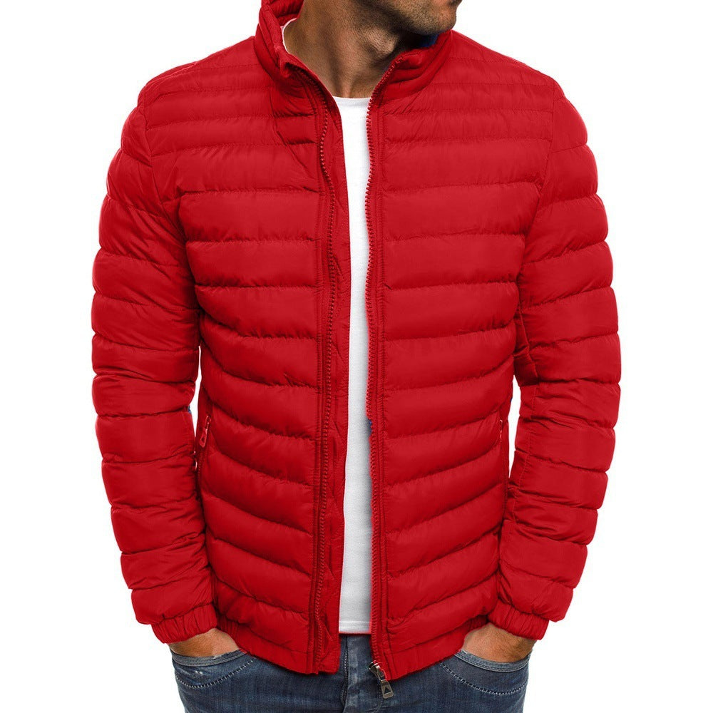 Men’s Zipper Jacket – Solid Color Thicken Cotton-Padded Overcoat with Pockets
