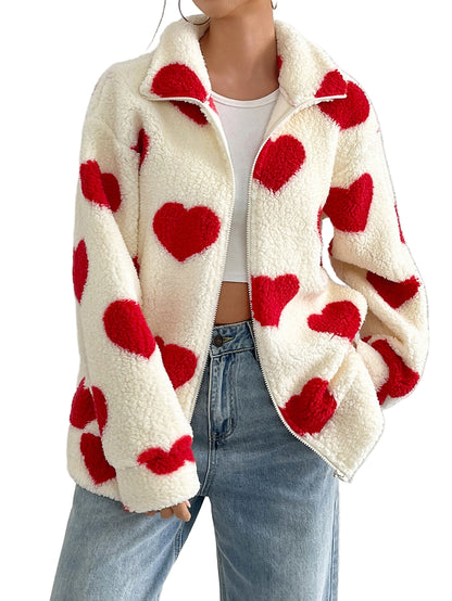 Women’s Plush “Loving Heart” Printed Coat – Cozy & Cute Outerwear
