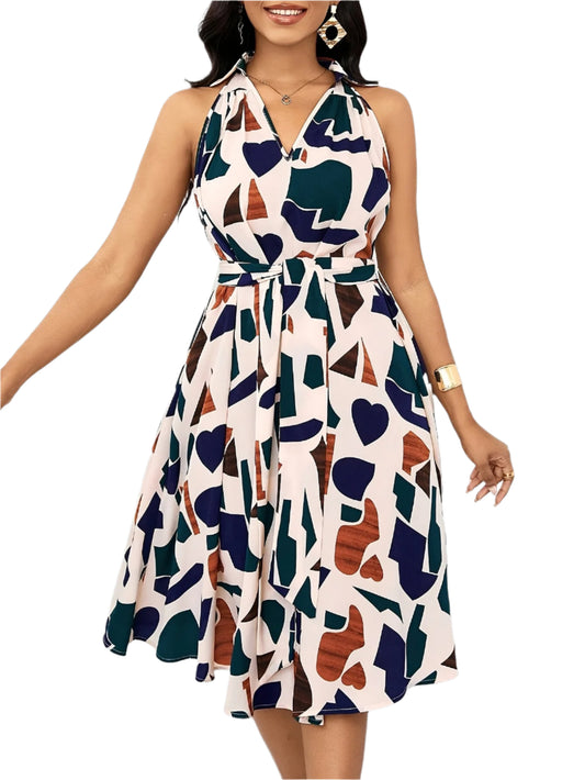 Elegant Geometric Print V-Neck Sleeveless Dress for Women