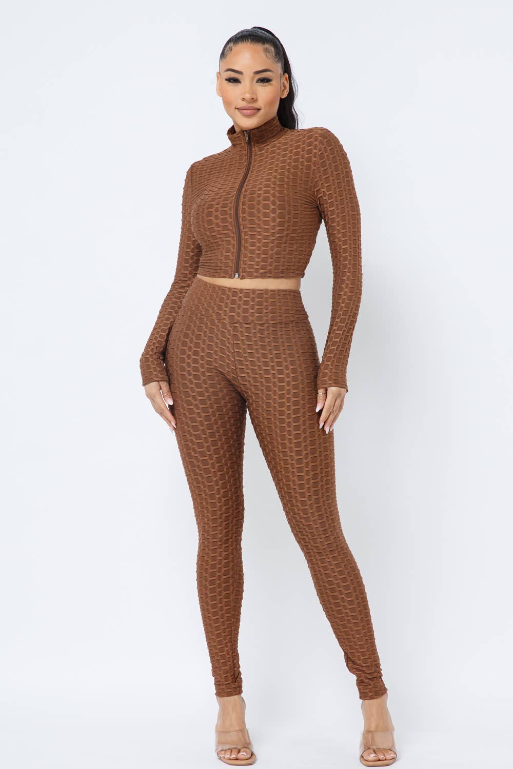 Honeycomb Mock Neck Cropped Jacket and Leggings Set