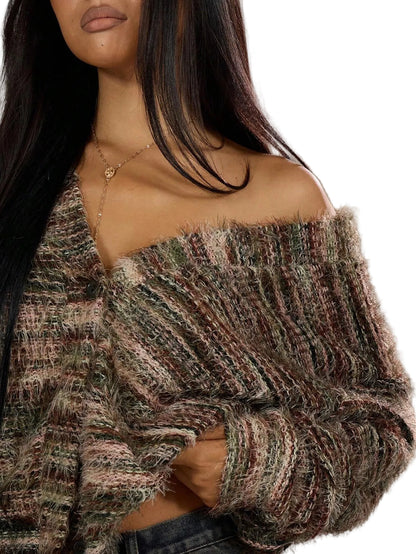Striped V-Neck Knit Cardigan – Long Sleeve Cropped Sweater