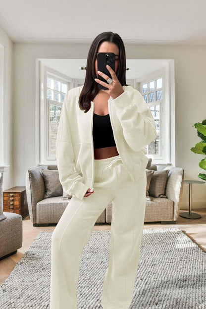 Women's Oversized Fleece Bomber Tracksuit  Zipper Jacket & Wide-Leg Pants Set