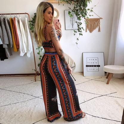 Beach Leisure Suit New Leisure Suspender Top  Printed Straight Leg Trousers Two-piece Suit