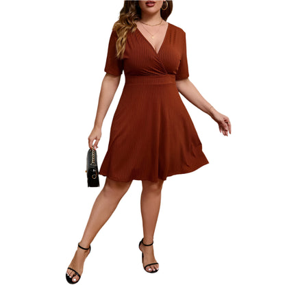 Plus Size Deep V-Neck Waist Elegant European & American Style Women's Dress