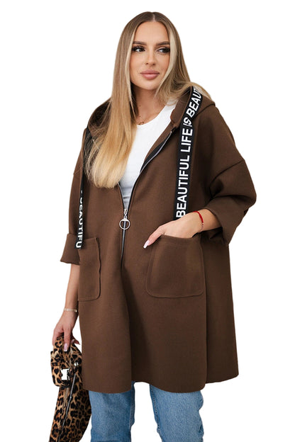 Women’s Plus-Size Hooded Woolen Coat – Long Sleeve Zip-Up Sports Style