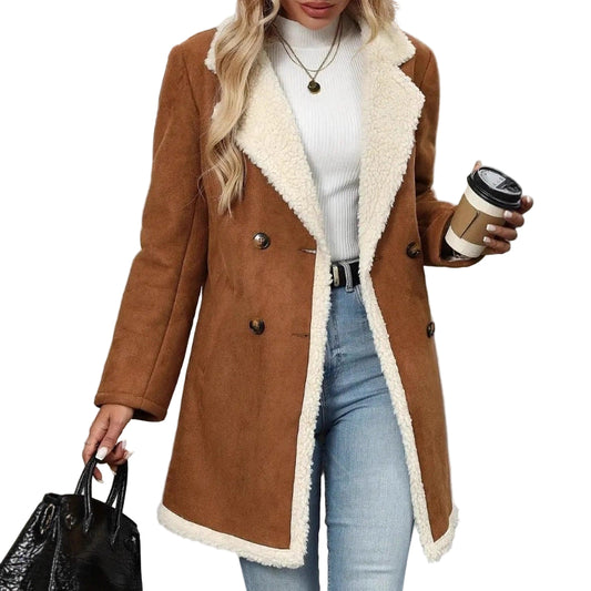 Women’s Mid-Length Fleece-Lined Suede Woolen Jacket – Casual & Warm Outerwear