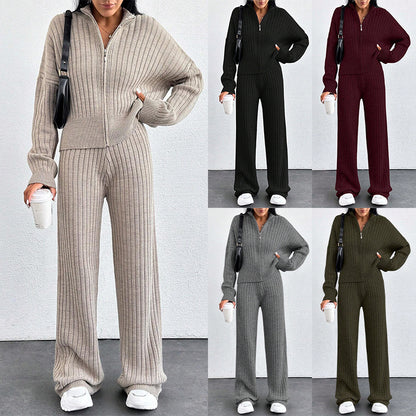 Women’s Casual Two-Piece Set – Loose Zip-Up Top & Matching Trousers