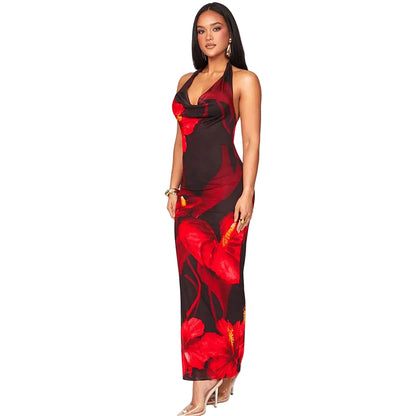 Sexy Printed Halter Neck Lace-Up Fitted Dress