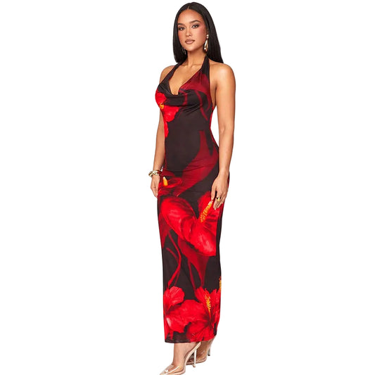 Sexy Printed Halter Neck Lace-Up Fitted Dress