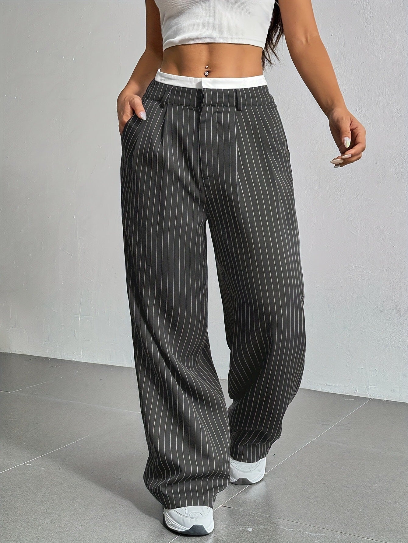 Women's High Waist Stripe Printed Straight-Leg Trousers – Casual Suit Pants with Zipper & Pockets