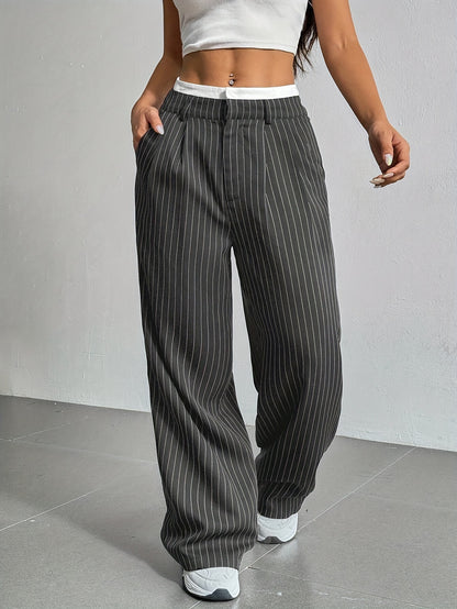 Women's High Waist Stripe Printed Straight-Leg Trousers – Casual Suit Pants with Zipper & Pockets