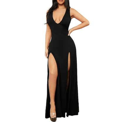 Women’s Solid-Color Deep V-Neck Sexy Slip Dress