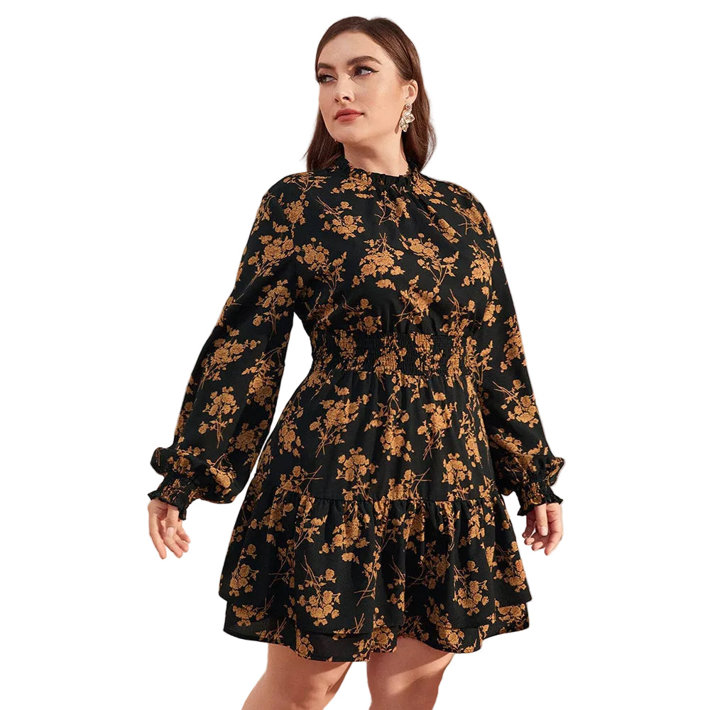 Women’s Floral Ruffle Dress – Turtleneck & Puff Sleeves | Elegant Vintage Style