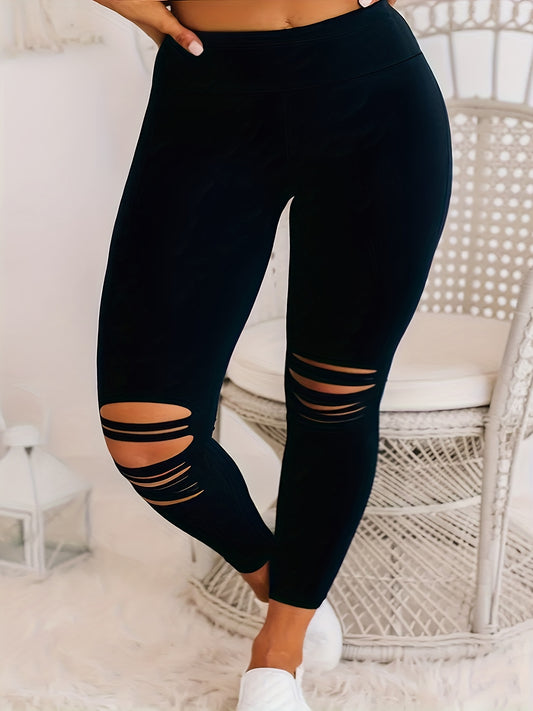 Plus Size Women's Black High-Waist Leggings with Chic Hollow-Out Detail - Stretchy & Comfortable Polyester/Elastane Blend, Easy Care Leggings