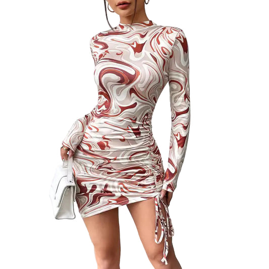 Sexy Abstract Print Long Sleeve Mini Dress