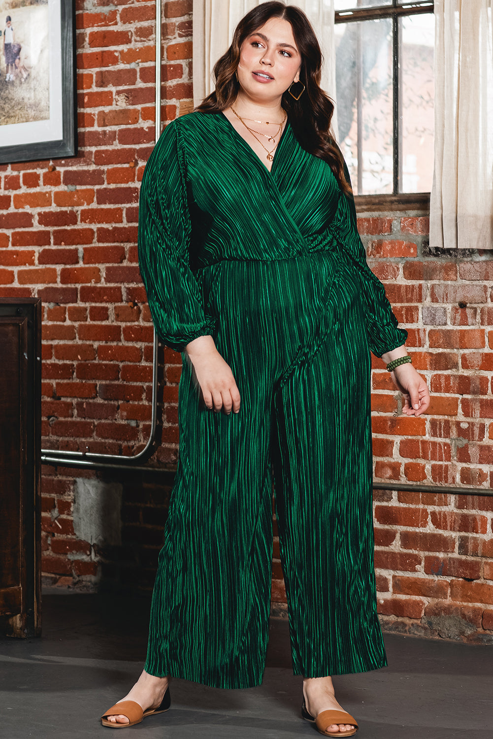 Dark Green Plus Size Pleated Satin Belted V Neck Jumpsuit