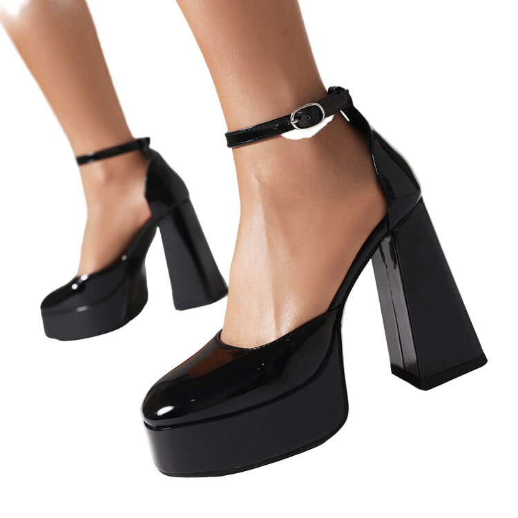 European & American Style Patent Leather Platform High Heels – Round Toe, Waterproof, Thick Block Heel