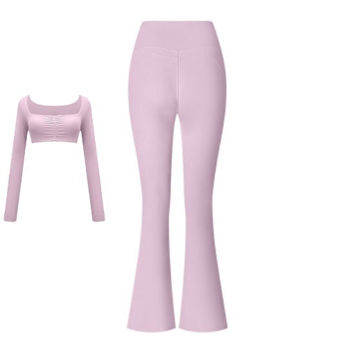 Women’s Solid Color Two-Piece Sports Set – Long Sleeve Top & Flared Pants