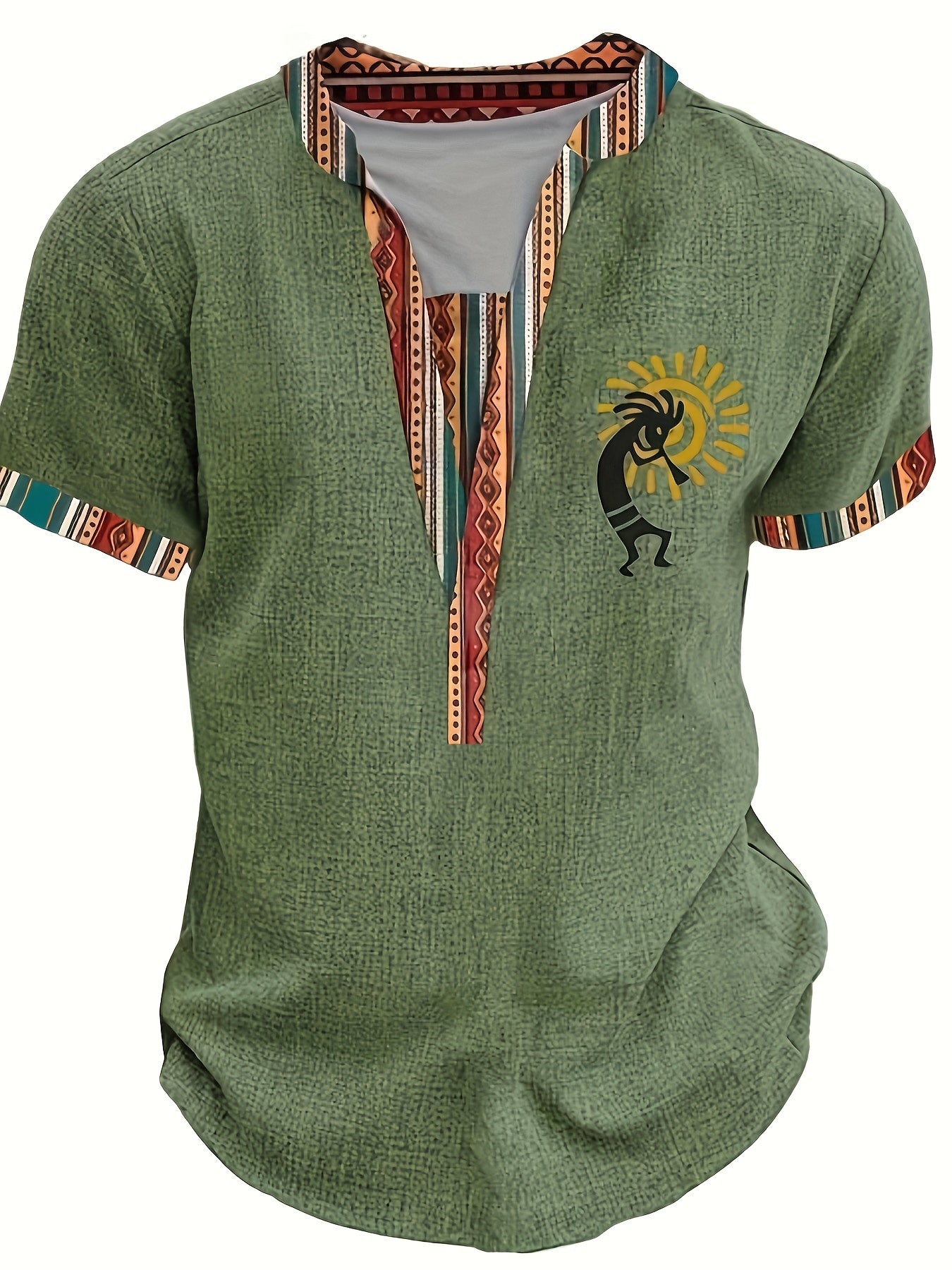 Men's Stylish Green Henley Shirt with Vibrant Tribal Pattern - Casual Short Sleeve V-Neck Tee for Summer, Polyester Knit Fabric, Casual V-neck Shirt