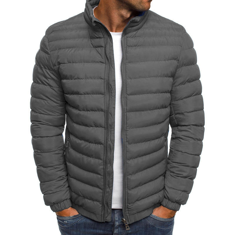 Men’s Zipper Jacket – Solid Color Thicken Cotton-Padded Overcoat with Pockets