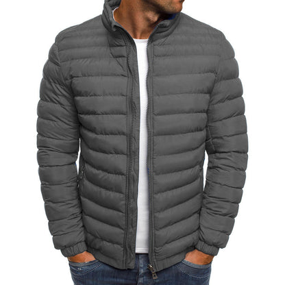 Men’s Zipper Jacket – Solid Color Thicken Cotton-Padded Overcoat with Pockets