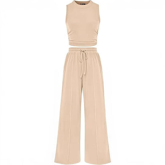Women’s Two-Piece Set – Elastic Waist Trousers & Loose-Fit Sleeveless Top