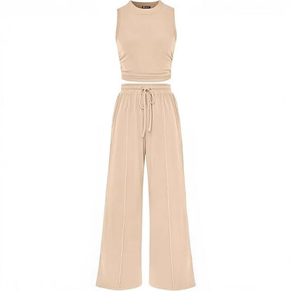 Women’s Two-Piece Set – Elastic Waist Trousers & Loose-Fit Sleeveless Top