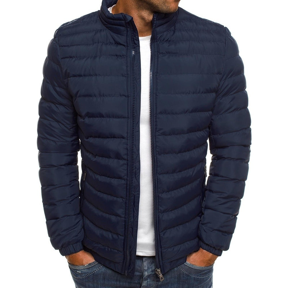 Men’s Zipper Jacket – Solid Color Thicken Cotton-Padded Overcoat with Pockets