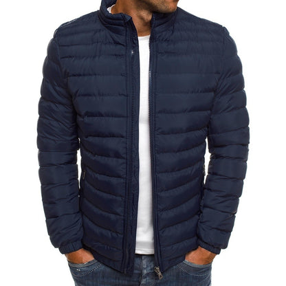 Men’s Zipper Jacket – Solid Color Thicken Cotton-Padded Overcoat with Pockets