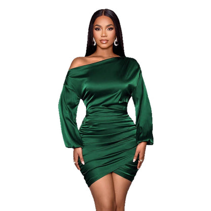 Chic One-Shoulder Long Sleeve Satin Evening Dress