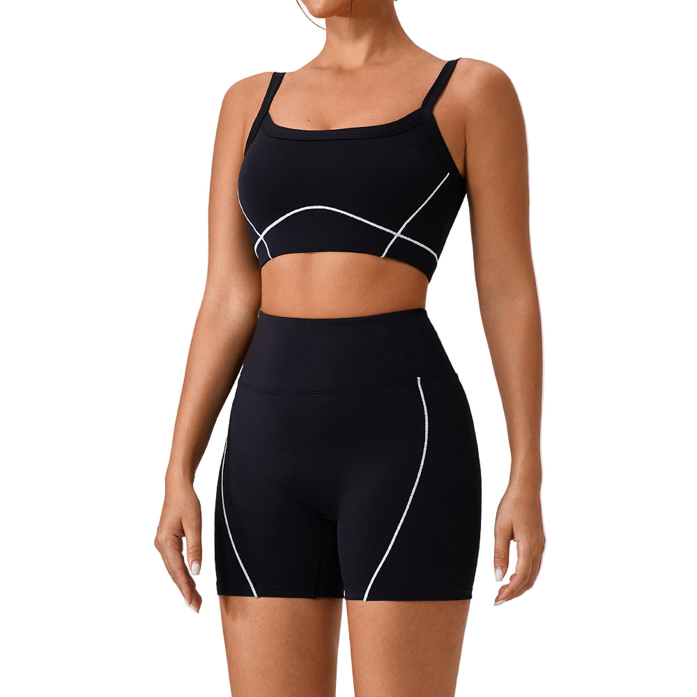 Women’s Contrast Color Yoga Set – Spaghetti Strap Sports Bra & High-Waist Fitness Outfit