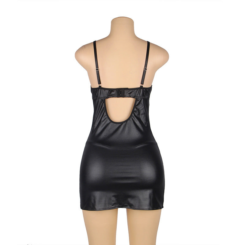 Plus Size Lace & Leather Transparent Slip Nightdress – European & American Tempting Lingerie