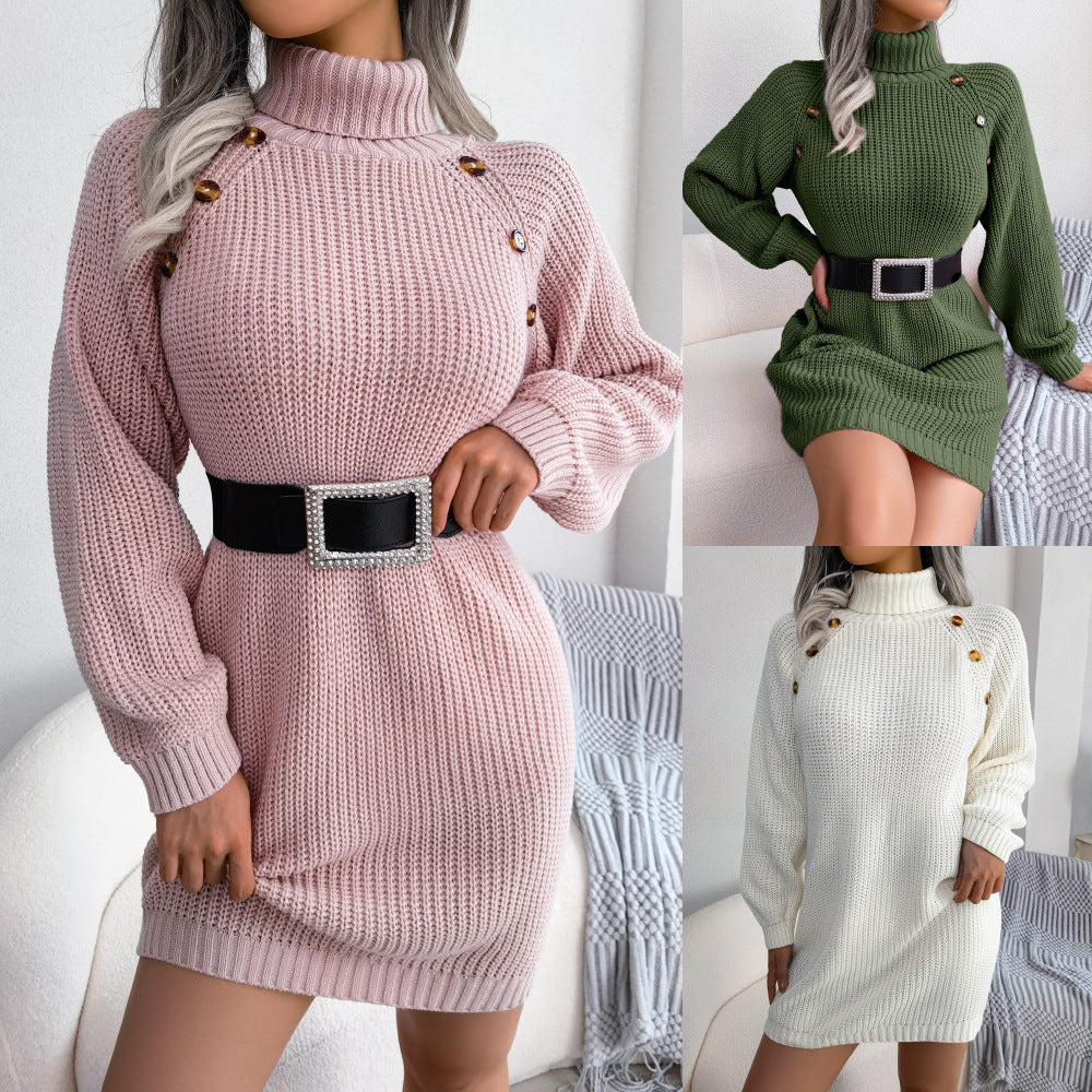 Women’s Winter Turtleneck Sweater Dress Long Sleeve Knitted Dress with Button Detail, Casual Slim Fit Warm Outfit