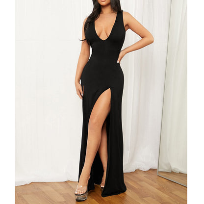 Women’s Solid-Color Deep V-Neck Sexy Slip Dress